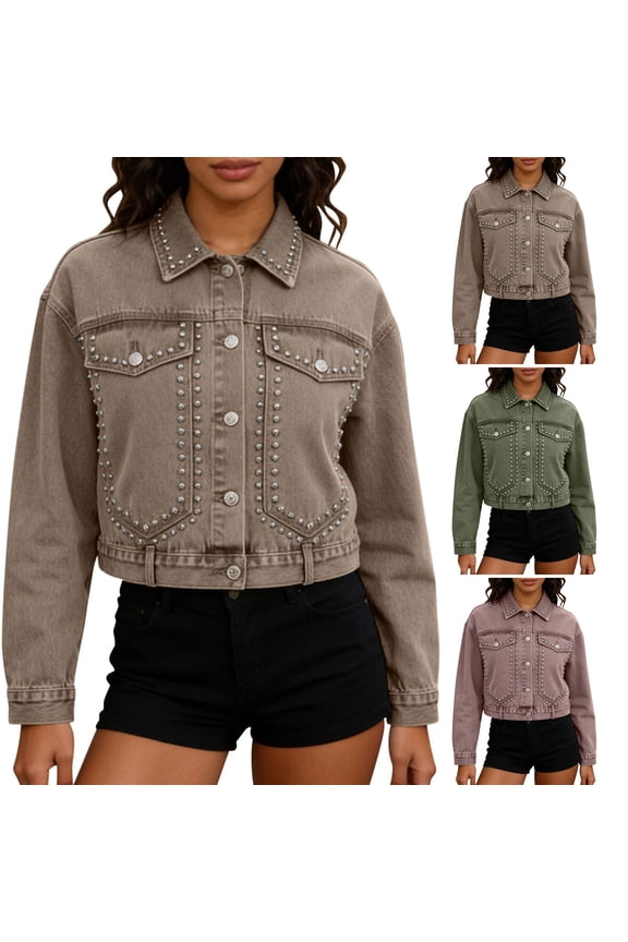 Jean Jacket Summer Denim Jacket for Women, Colorful Collared Long Sleeve Cropped Coat with Rivet Decor Pink XS