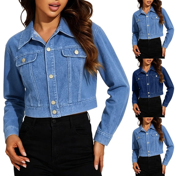 Sheghy Jean Jacket Women Cropped Denim Tops for Women, Solid Long Sleeve Casual Fashion Jacket Dark Blue XL