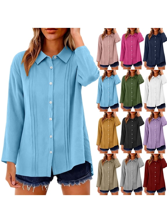 Lace Trim Top Collared A-Line Button Front Long Sleeve for Summer Loose Fit Tees Tops Purple L
