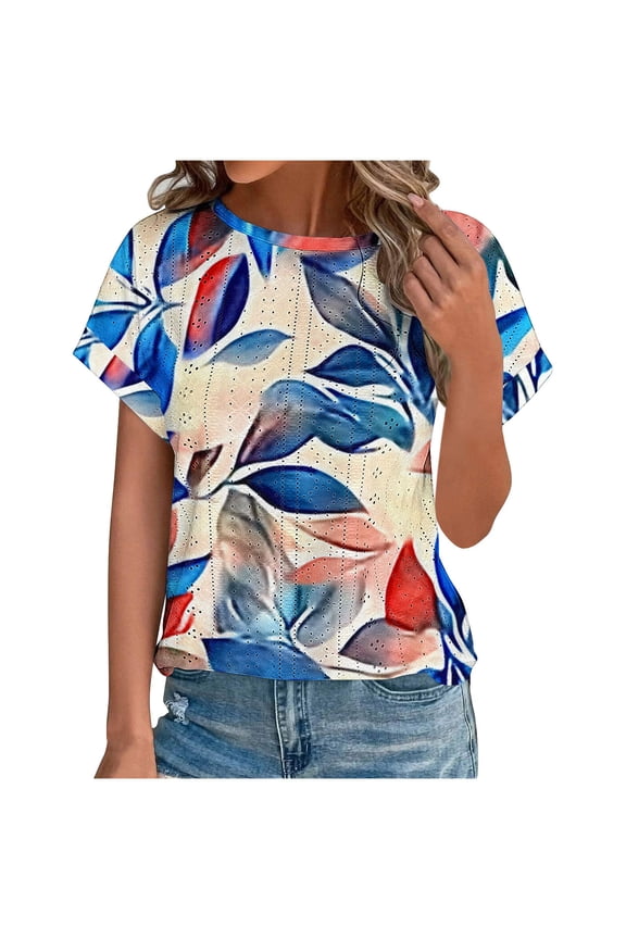 Ladies Tops and Blouses Casual Short Sleeve Printed Crew Neck Multicolor Loose S Fashion