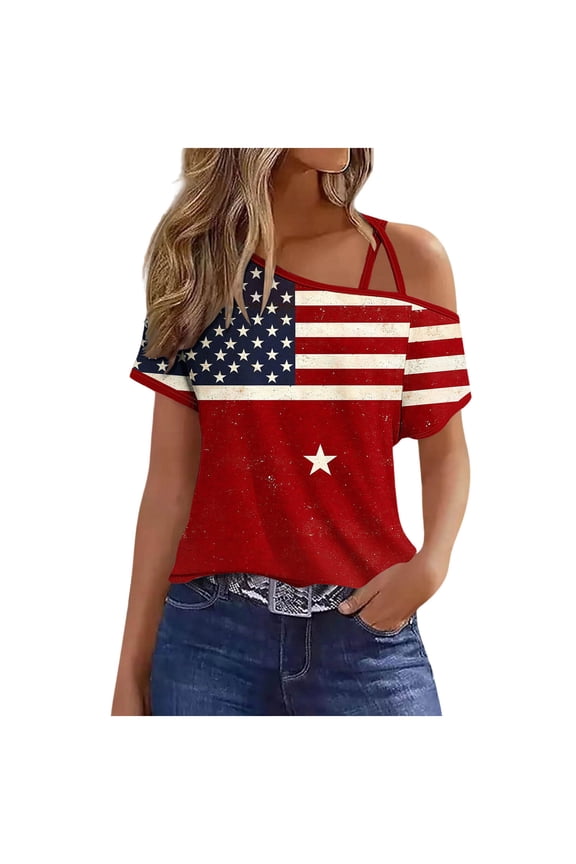 One Shoulder Tops for Women Short Sleeve Boat Neck Pullover Printed Pull-On Loose Work Red XXL