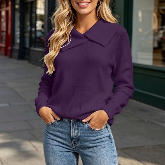 Sheghy Oversized Summer Tops for Women Asymmetrical Lapel Collar Relaxed Fit Solid Color Pullover Casual Long Sleeve Sweater Tops Purple XXL