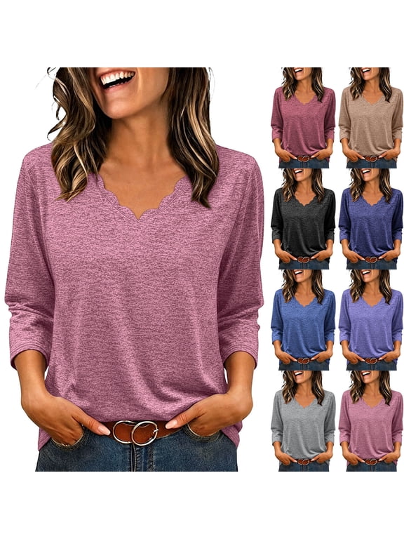 Petite Women Shirt V-Neck Pleated Ruffle Hem for Casual Loose Fit Tees Tops Pink XL