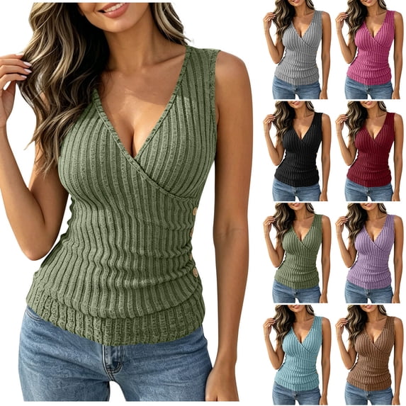 Sheghy Plus Size Tank Tops for Women 100%Cotton Ribbed Brushed Tank, V Neck Button Front Solid Sleeveless Pullover Gray M
