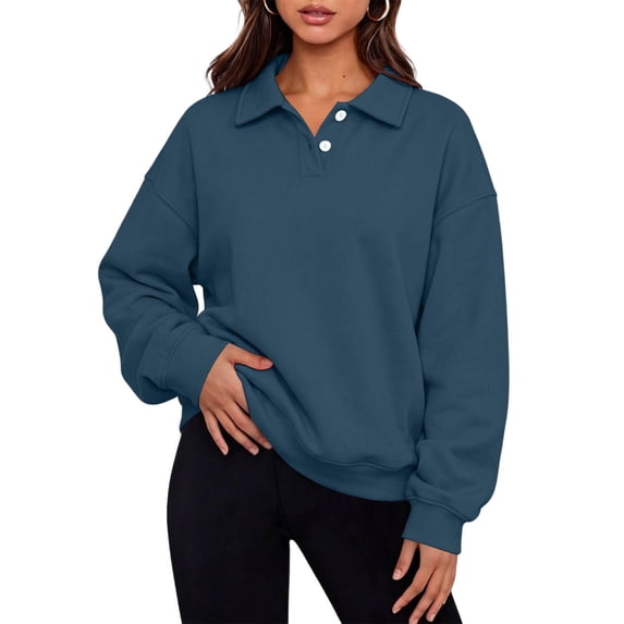 Sheghy Plus Size Womens Blouses V Neck Front Button Corduroy Solid Color Long Sleeve Pullover Tops Blouse Shirt Navy S