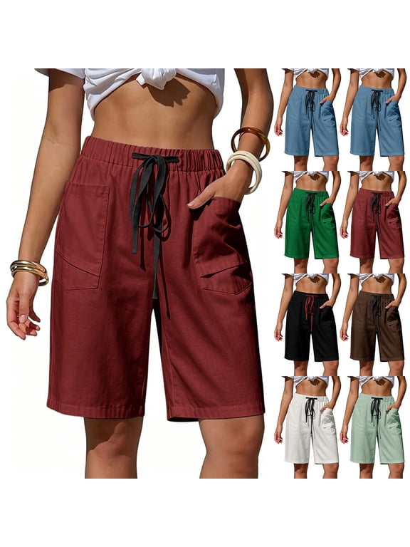 Shorts for Women 100%Cotton Women's Casual Shorts Drawstring Waist Rolled Cuff Hem with Side Pockets Summer Beachwear