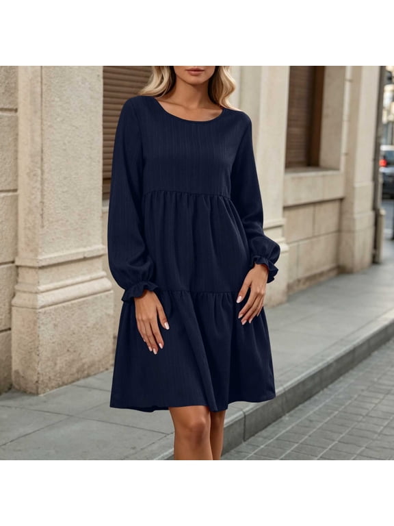 Soft Cotton Blend Long Sleeve A Line Cut Plus Size Dresses 2026 Cold Weather with Lantern Cuff Round Neck Navy M