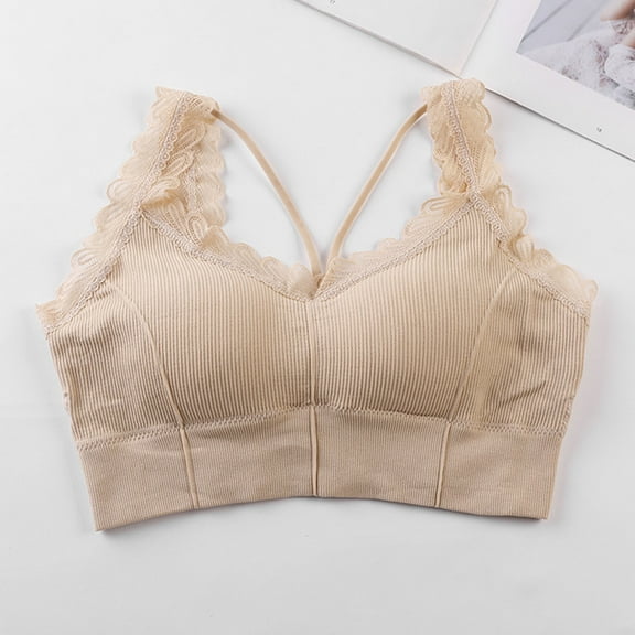 Sheghy Sport Bras Plus Size Women's Seamless Cross-Strap Sports Bra - Pure Color Lace Trim Wire-Free Support Bralette,Beige L