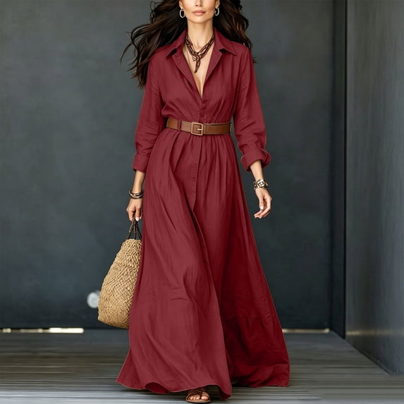 Sheghy Summer Dress 2026 Cool Season Lapel Half Button Waist Cinch Belt Decor Commuter Shirt Dress Wine XXL