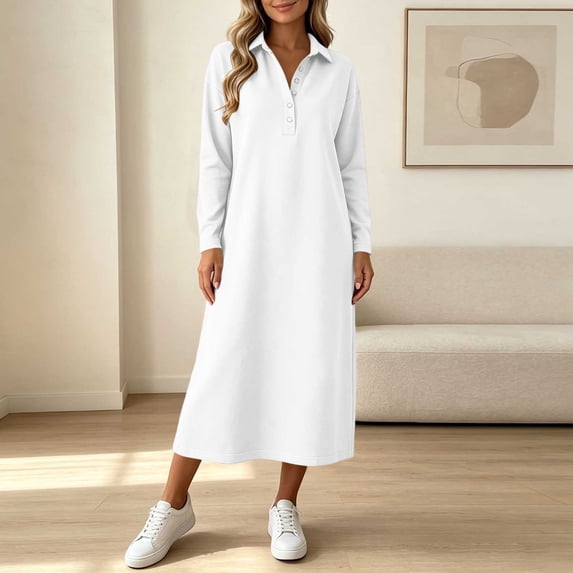 Sheghy Summer Dresses 2026 Autumn Winter Lapel Half Button Drop Shoulder Relaxed Fit Solid Shirt Dress White M