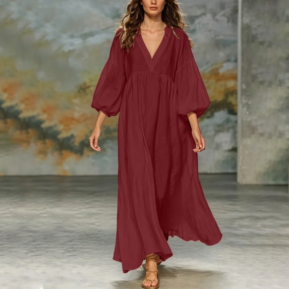 Sheghy Summer Dresses for Women 2026 Autumn Winter Deep V Neck Flowy Relaxed Fit Boho Midi Dress Wine M