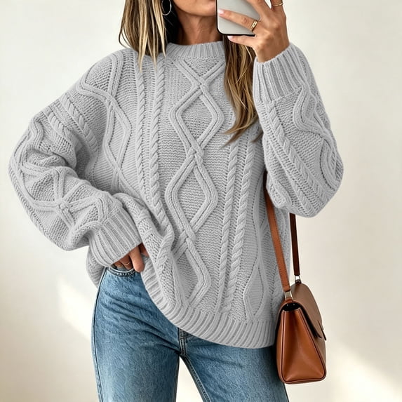 Sheghy Summer Tops for Women 2026 Cold Season Baggy Fit Crewneck Solid Color Knit Outerwear Long Sleeve Sweater Coat Gray M