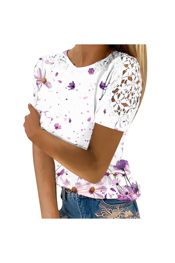 Summer Tops for Women Short Sleeve Crew Neck Printed Pull-On Pullover Regular Multicolor S