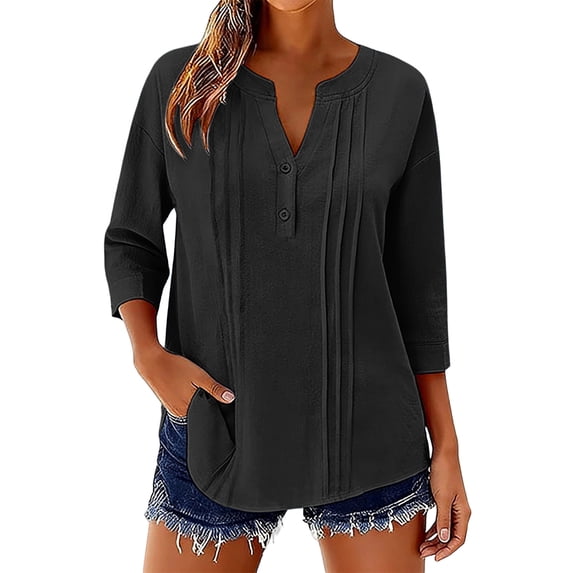 Sheghy Summer Tops for Women Solid V Neck Button Loose T-Shirt Tunic Style Blouse Fall Outfits 2026 Black S