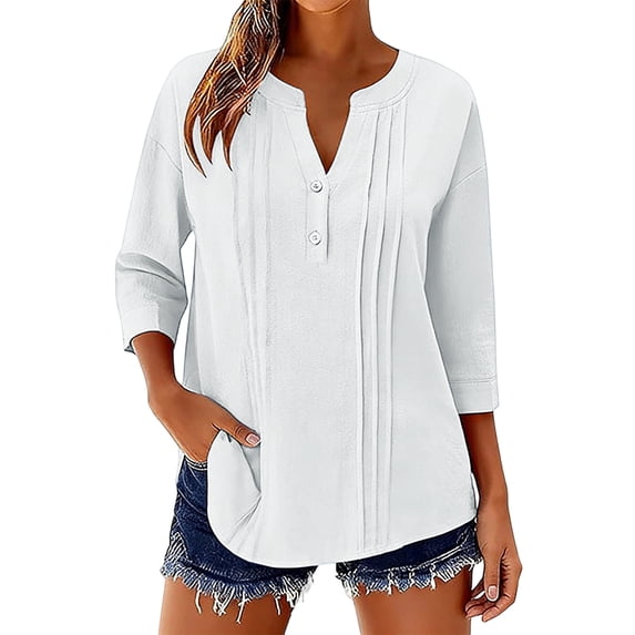 Sheghy Summer Tops for Women Solid V Neck Button Loose T-Shirt Tunic Style Blouse Fall Outfits 2026 White M