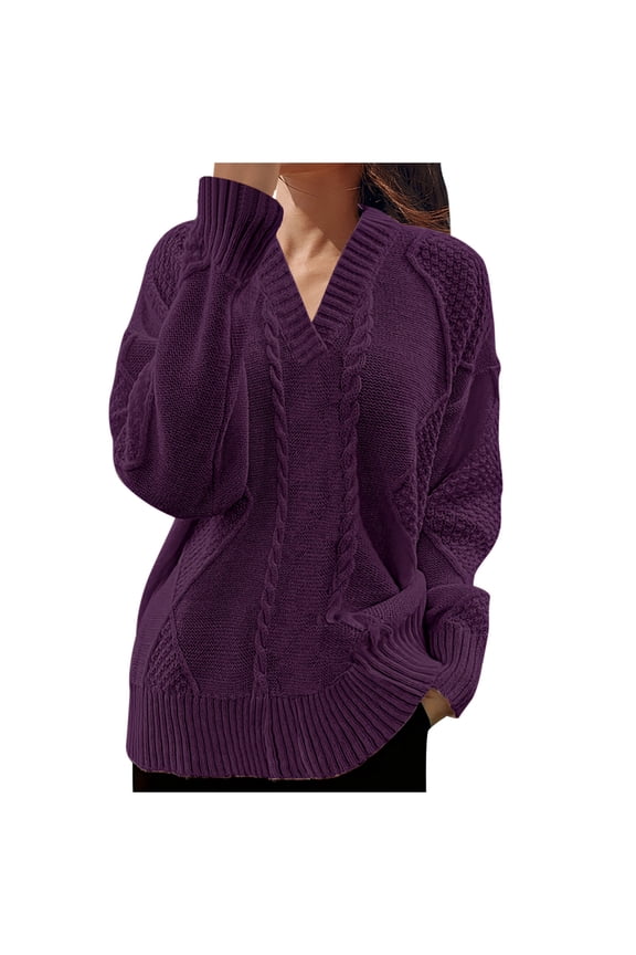 Sweater Casual Jacquard Knit Cardigan V Neck Full Button Long Sleeve Outerwear Purple S