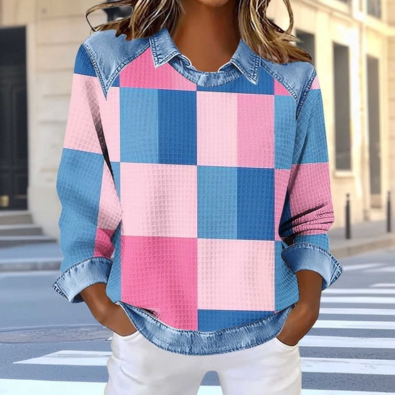 Sheghy Tops for Women Lapel Solid Long Sleeve Loose Casual Summer Blouse Tops Pink S