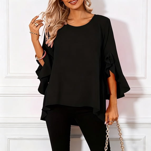 Sheghy Tops for Women Solid Ruffle 3/4 Sleeve Round Neck Summer Blouse Black S