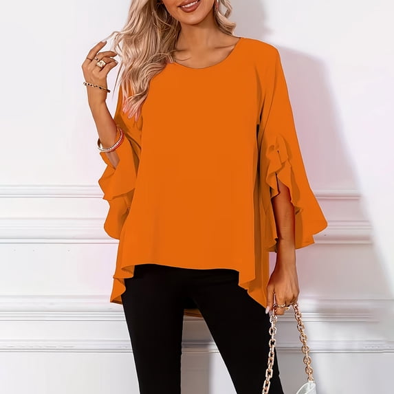 Sheghy Tops for Women Solid Ruffle 3/4 Sleeve Round Neck Summer Blouse Orange XL