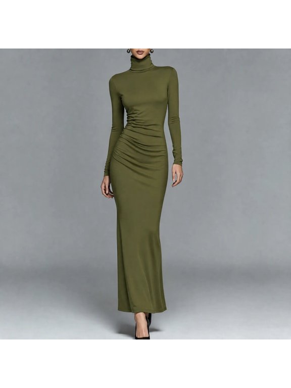 Waist‑Gathered Turtleneck Midi Dress Women Winter Daily Attire