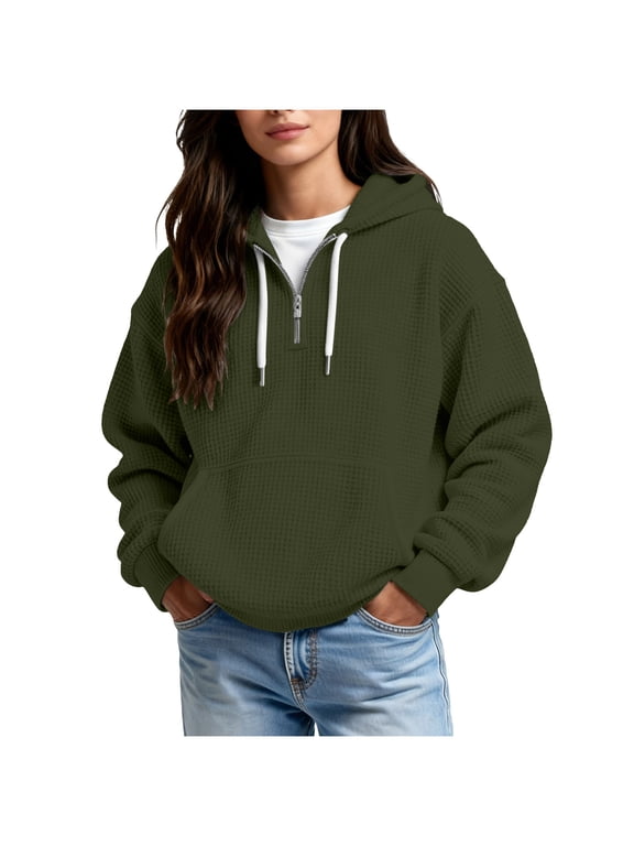 Women Curvy Waffle Knit Long Sleeve Winter Hoodie with Pockets Weekend Outing Army Green XXL