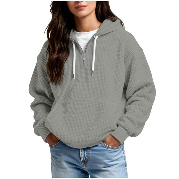 Sheghy Women Curvy Waffle Knit Long Sleeve Winter Hoodie with Pockets Weekend Outing Gray XL