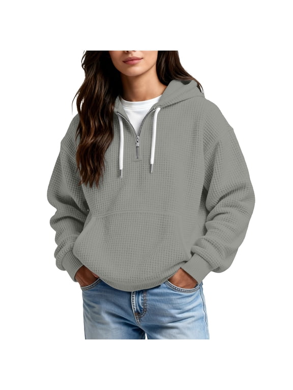Women Curvy Waffle Knit Long Sleeve Winter Hoodie with Pockets Weekend Outing Gray XXXXL