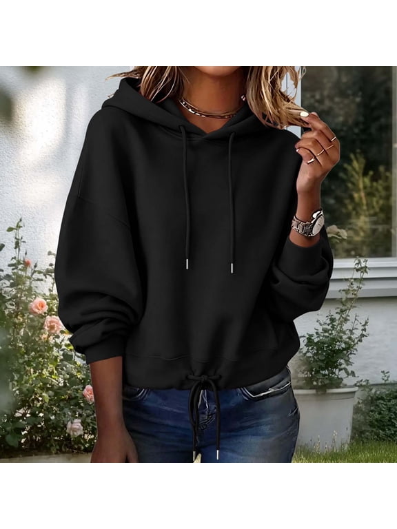Women Curvy Winter Double‑Sided Fleece Pullover Drawstring Long Sleeve Hooded Sweatshirt Daily Wear Black S