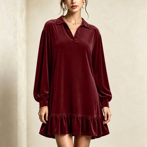 Sheghy Women Fall Collared Long Sleeve Shirt Dress Ruffle Hem Loose Fit