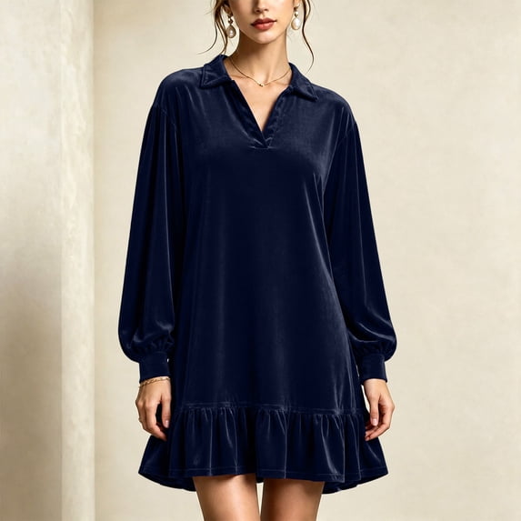Sheghy Women Fall Collared Long Sleeve Shirt Dress Ruffle Hem Loose Fit