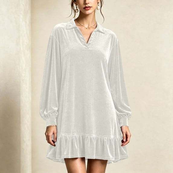 Sheghy Women Fall Collared Long Sleeve Shirt Dress Ruffle Hem Loose Fit