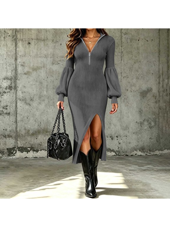 Women Going‑Out Collared Half‑Zip Lantern Long Sleeve Slit Maxi Dress Fall