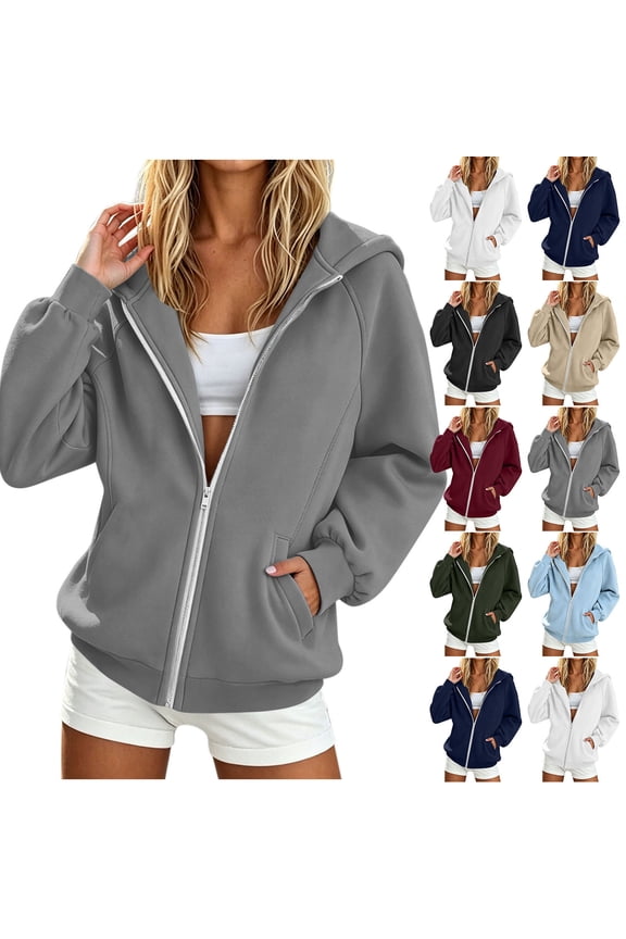 Women Hooded Raglan Zip Sweatshirt Coat Solid Long Sleeve Loose Casual Jacket Zip-Up Gray S