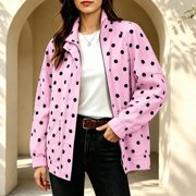 Sheghy Women Polka Dot Lapel Zip Up Jacket Loose Straight Fit Lightweight Outerwear with Side Pockets Fall