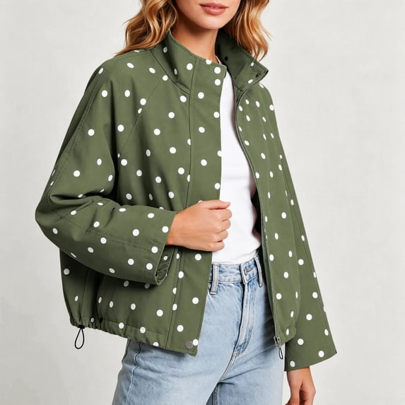 Sheghy Women Polka‑Dot Zip Up Lapel Jacket Drawstring Hem Relaxed Fit Lightweight Outerwear with Side Pockets Fall