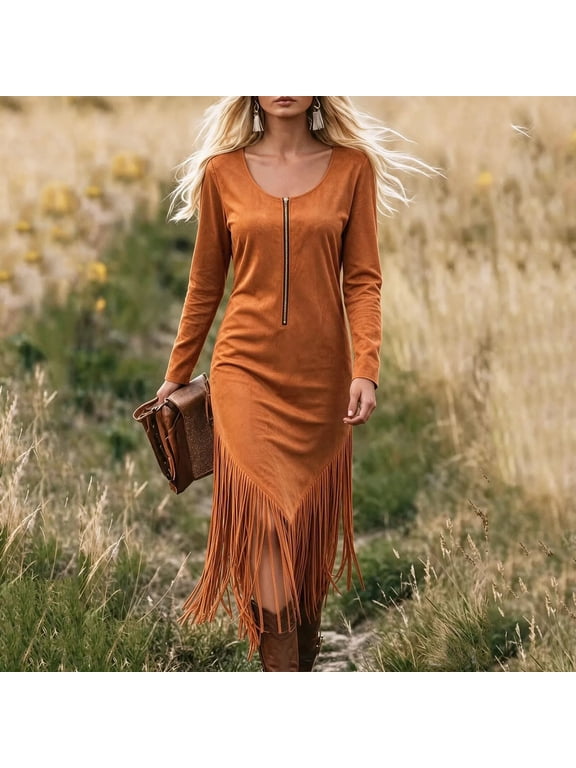 Women Western Theme Long Sleeve Front Zip Hem Fringe Midi Dress Fall