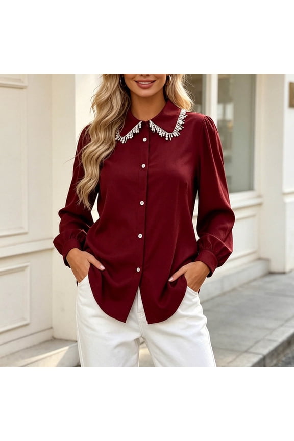 Women's Lapel Collar Solid Color Fashion Pearl Button Cardigan Coat Wine L