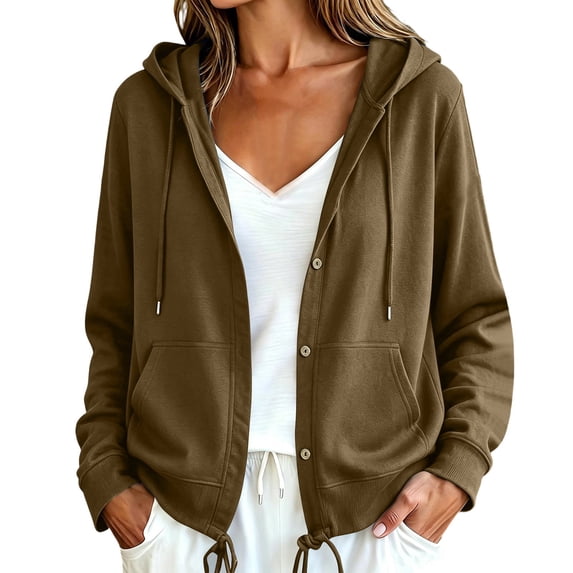 Sheghy Womens Cotton Hoodies Sweatshirts Button Down Hooded Long Sleeve Top Casual Brown L