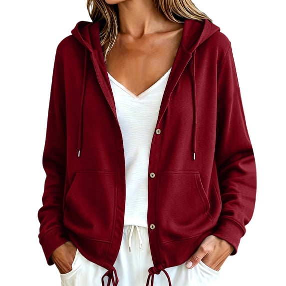 Sheghy Womens Cotton Hoodies Sweatshirts Button Down Hooded Long Sleeve Top Casual Wine XXL