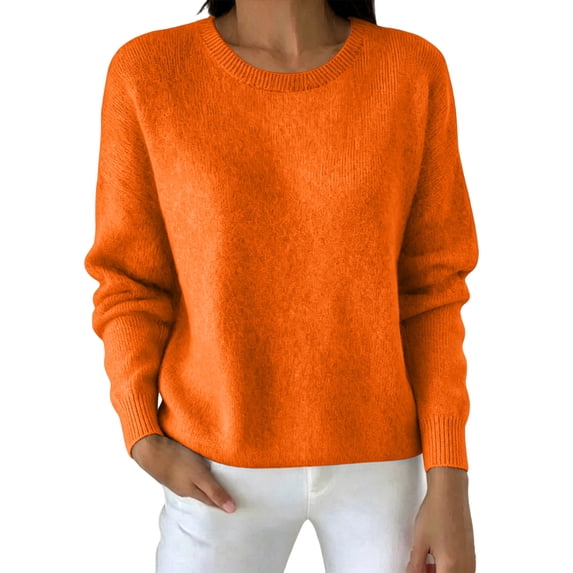 Sheghy Womens Cotton Hoodies Sweatshirts Winter Straight Pullover Crew Neck Long Sleeve Solid Orange L