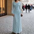 thumbnail image 1 of Sheghy Womens Long‑Sleeve Pleated Flowing Solid Maxi Evening Gown Light Blue, 1 of 7