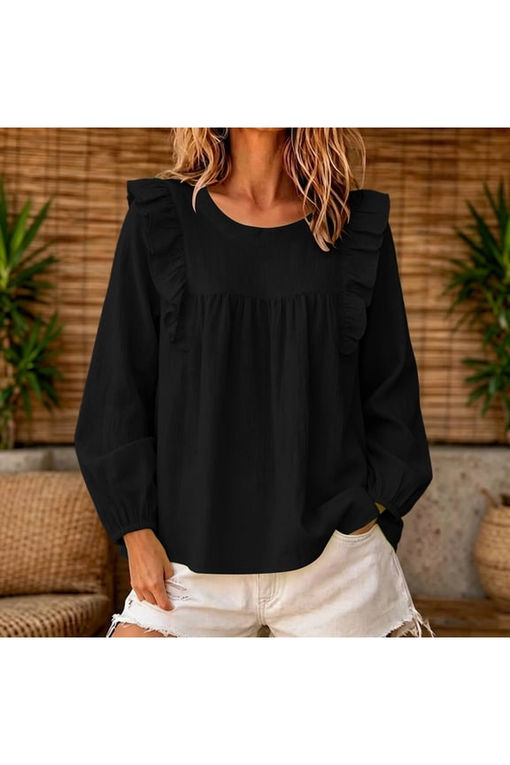 Womens Long Sleeve Tops Casual Crew Neck Ruffle Yoke Puff Sleeve Textured Loose Blouse Black S