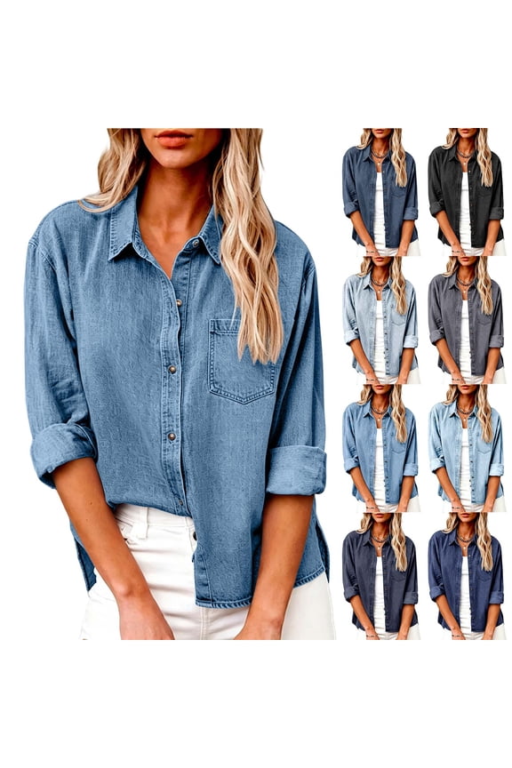 Womens Petite Tops Collared Flared Fringe Hem Long Sleeve for Vacation Loose Fit Tees Tops Blue L