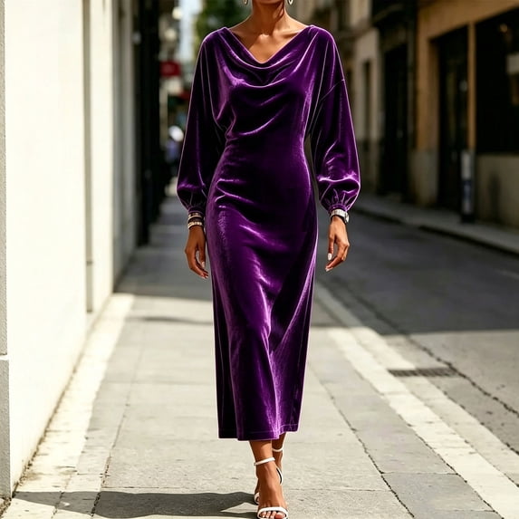 Sheghy Womens Plus‑Size Crew‑Neck Long‑Sleeve Velvet Solid Maxi Dress Purple