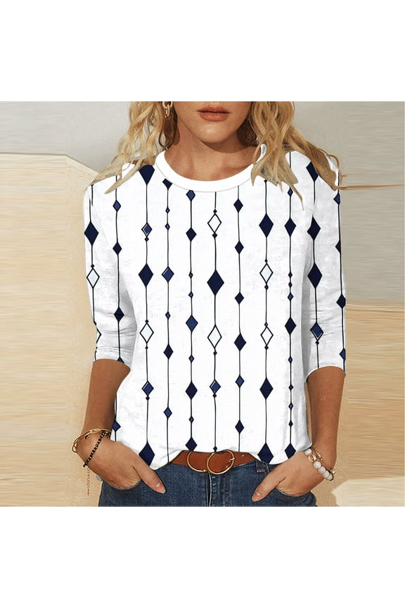 Womens Summer Tops Faux Round Neck Plus Size Printed Getaway Seasonal three-quarter Sleeve Top White M