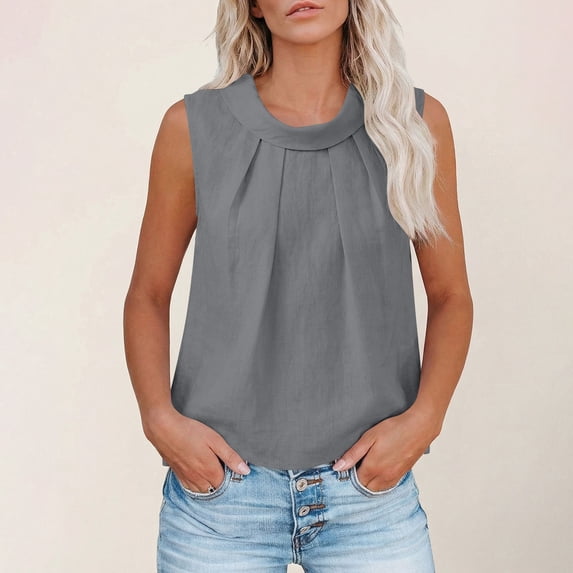 Sheghy Womens Tops Cotton Linen Crew Neck Pleated Backless Solid Sleeveless Casual Tee Gray XXL