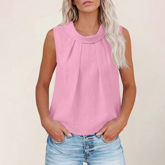 Sheghy Womens Tops Cotton Linen Crew Neck Pleated Backless Solid Sleeveless Casual Tee Pink S