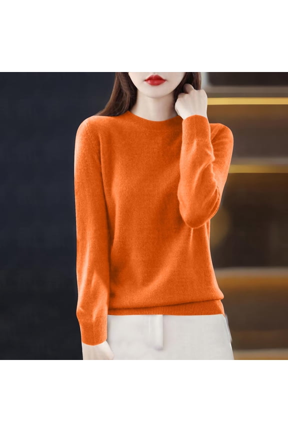 Womens Tops Long Sleeve Women's Knitted Sweater Base Shirt Long Sleeved Fashionable Round-Neck Top Orange XXL
