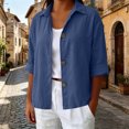 thumbnail image 1 of Sheghy Womens Tops Oversized Urban Solid Cotton Linen Lapel Button Curved Hem 3/4 Sleeve Outer Shirt Blue L, 1 of 7