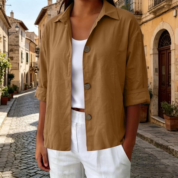 Sheghy Womens Tops Oversized Urban Solid Cotton Linen Lapel Button Curved Hem 3/4 Sleeve Outer Shirt Brown S